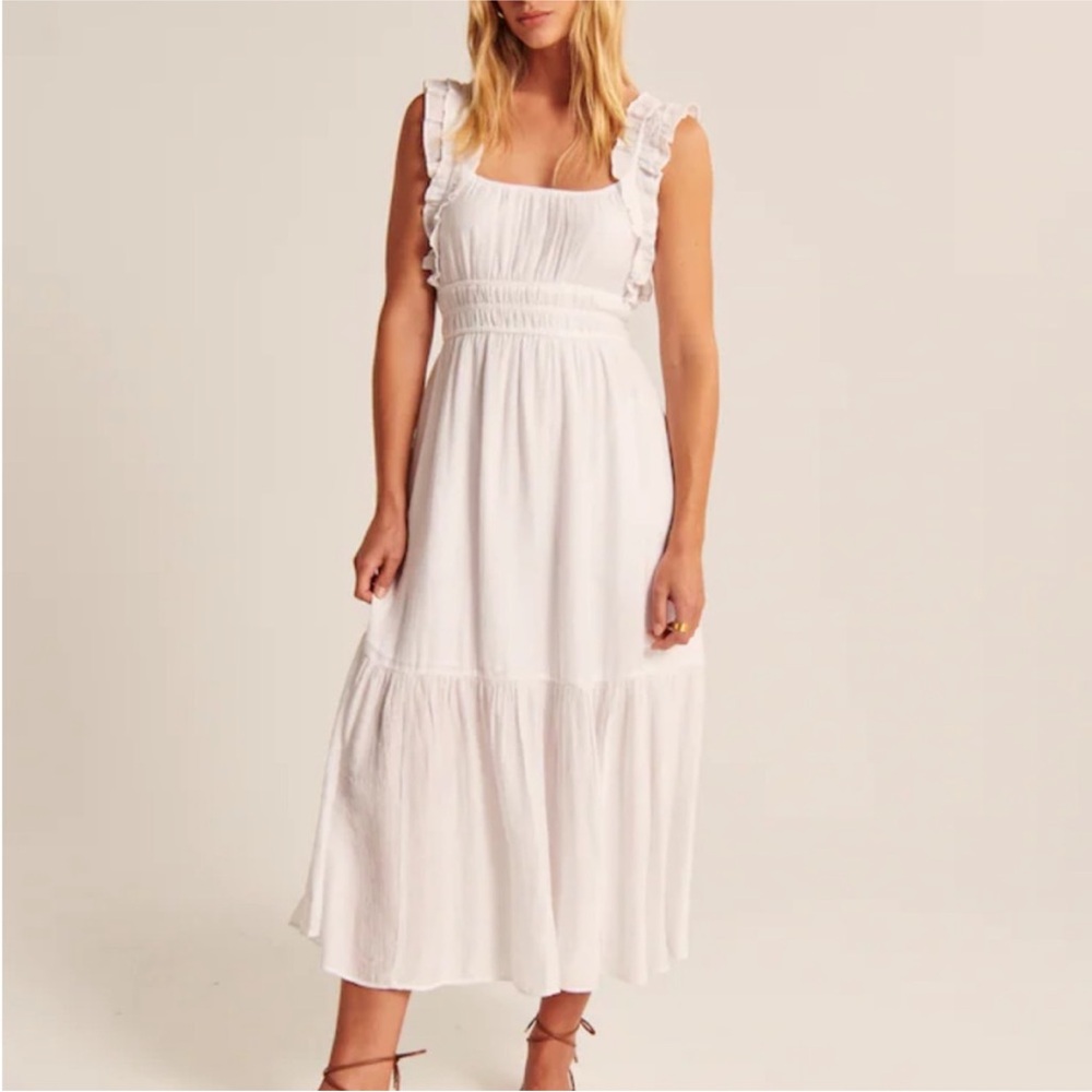 Abercrombie & Fitch White Ruffle Strap Textured Maxi Dress